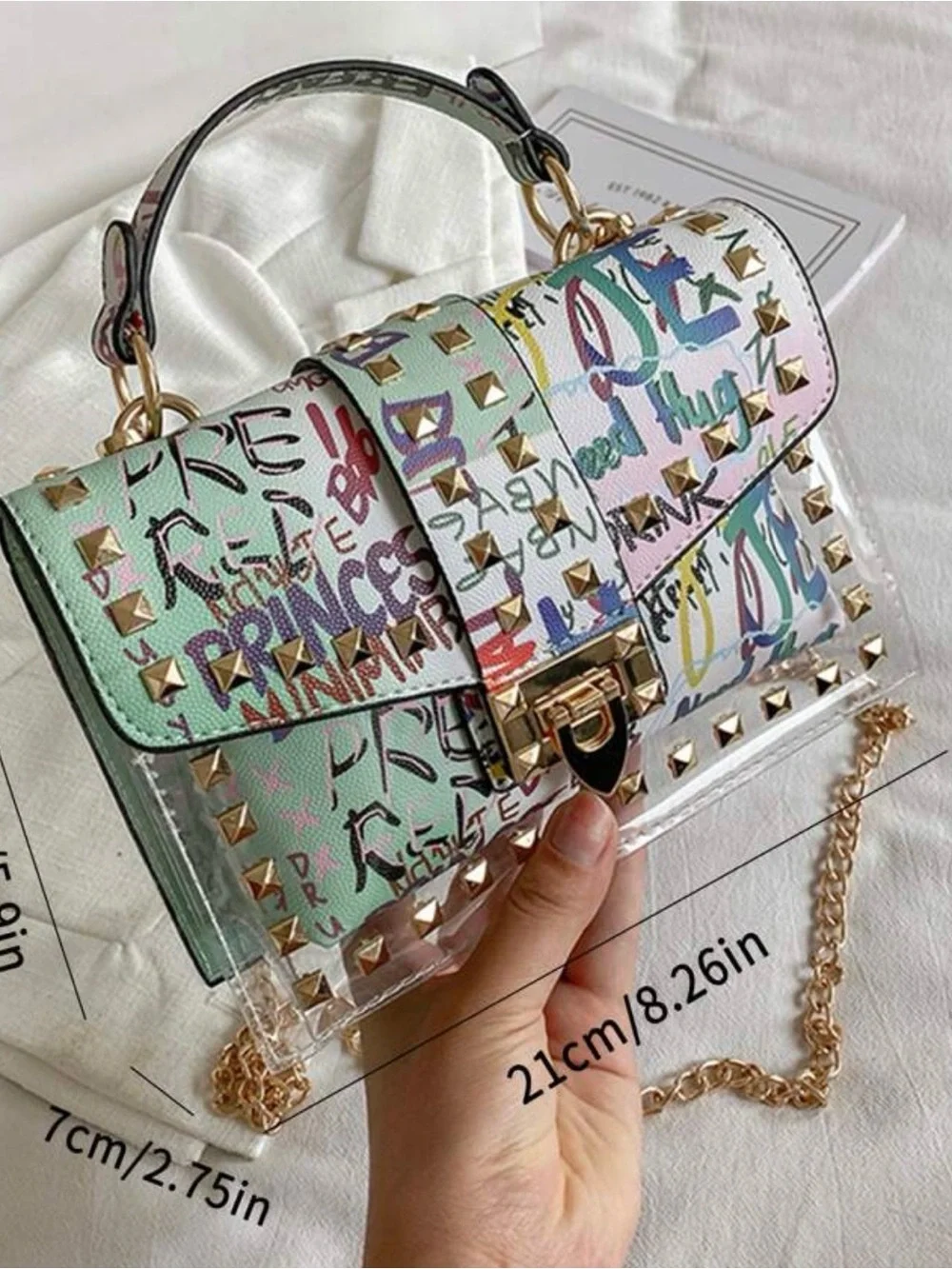 Pastel Multi Graffiti Studded Crossbody Bag with Chain Strap - Picture 4 of 7